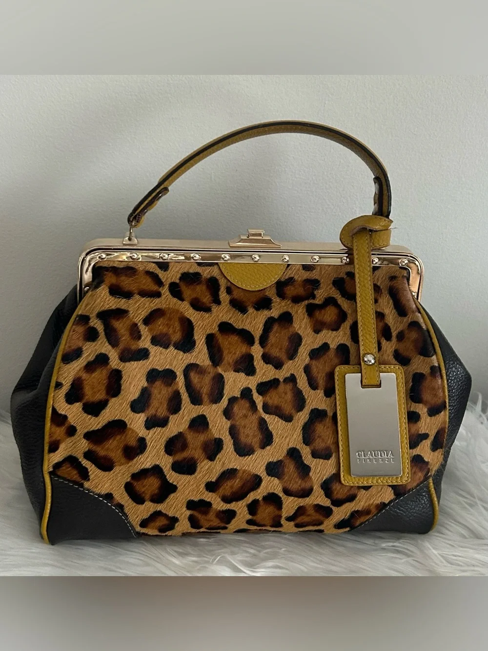 Claudia Firenze Leopard Calf Hair Leather Frame Satchel Made in Italy - Picture 3 of 15